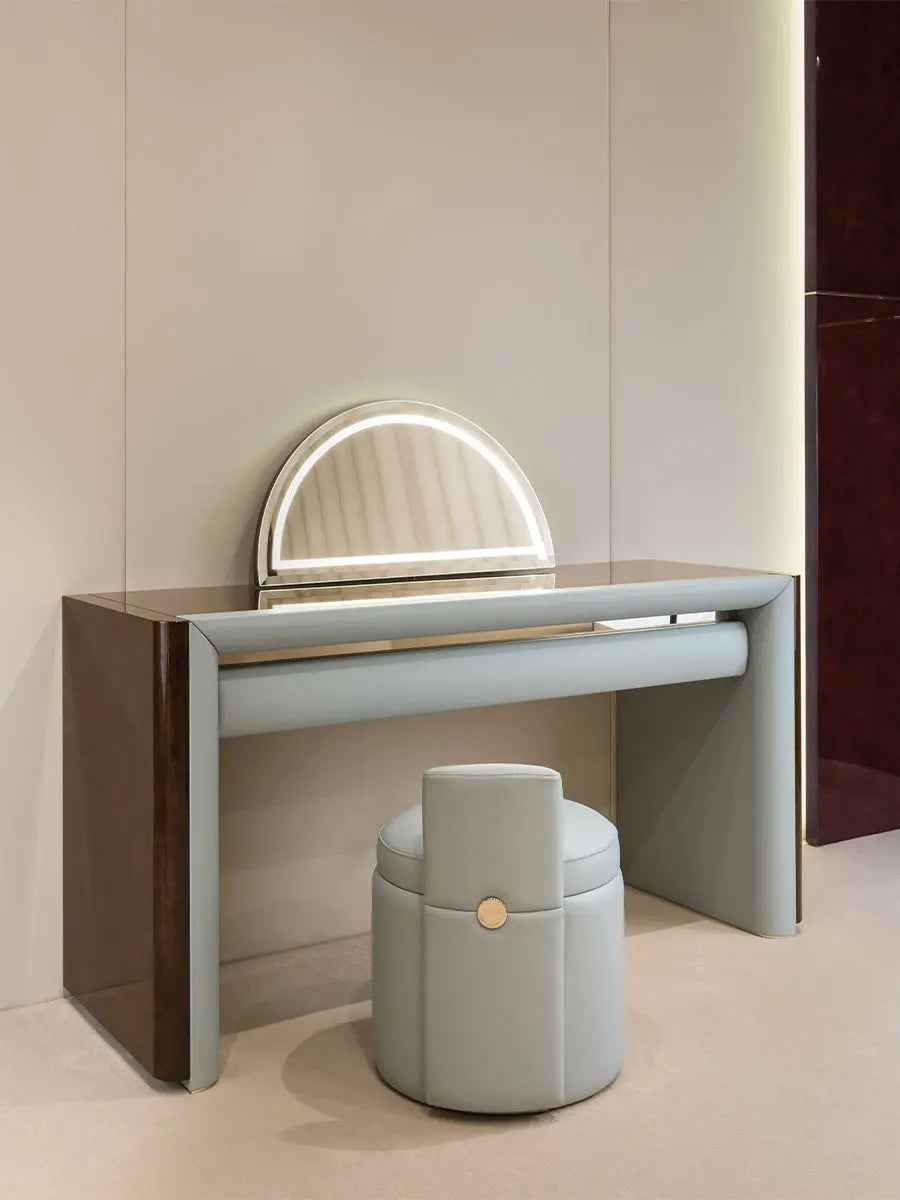 Coiffeuse de luxe moderne avec miroir demi-lune et tiroir en cuir