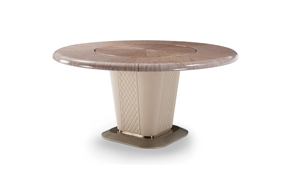 Table de salle à manger de luxe ronde avec piètement en métal et plateau en placage bois