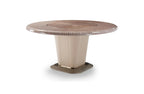 Table de salle à manger de luxe ronde avec piètement en métal et plateau en placage bois