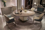 Table de salle à manger de luxe ronde avec piètement en métal et plateau en placage bois