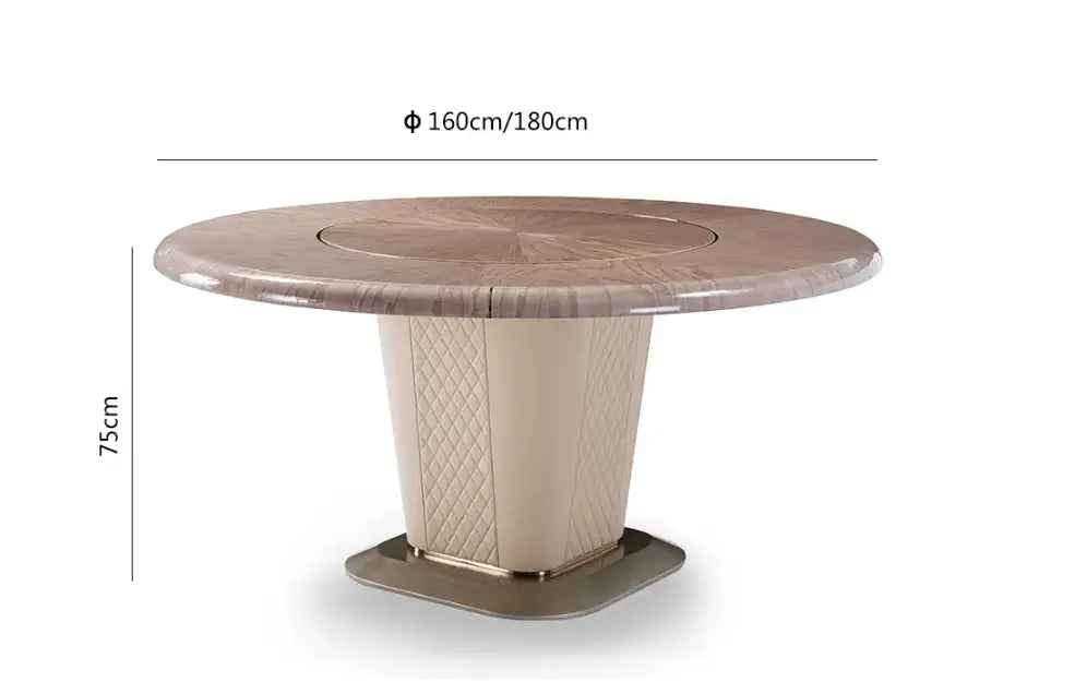 Table de salle à manger de luxe ronde avec piètement en métal et plateau en placage bois