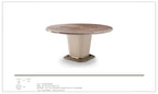 Table de salle à manger de luxe ronde avec piètement en métal et plateau en placage bois