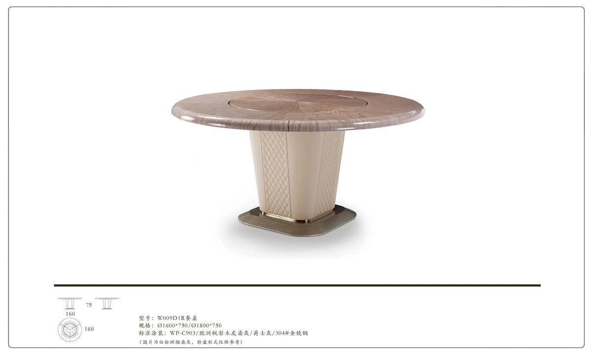 Table à manger ronde de luxe avec base en métal et placage bois W009D1 Bentley