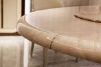 Table de salle à manger de luxe ronde avec piètement en métal et plateau en placage bois