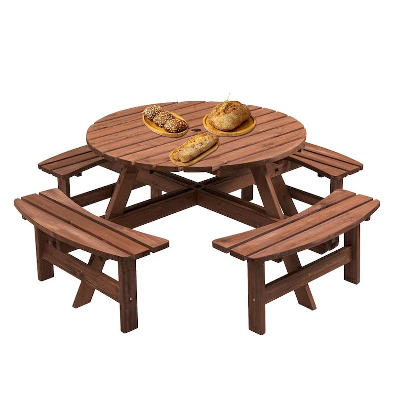 Ensemble de salle à manger rond en bois de sapin pour patio extérieur 8 personnes avec 4 bancs intégrés et trou pour parasol