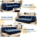Canapé-lit gigogne 3-en-1 King Size Whisen Velvet et canapé convertible avec pouf mobile, design capitonné