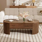 Table basse relevable de 120 cm avec compartiment de rangement caché, ovale, marron