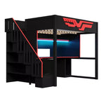 Lit mezzanine pleine grandeur pour gamer avec bureau et lumière LED, lit surélevé pleine grandeur en bois avec escalier de rangement et USB, rouge + noir