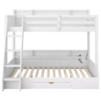 Lit superposé double sur toute la longueur avec rangement, lumières LED et station de charge, lit superposé en bois avec étagères latérales pour enfants et adolescents