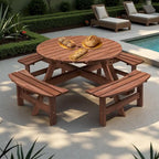 Ensemble de salle à manger rond en bois de sapin pour patio extérieur 8 personnes avec 4 bancs intégrés et trou pour parasol
