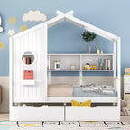 Lit cabane en bois double/complet avec 2 tiroirs, lit pour enfants avec étagère de rangement - ModernLuxe
