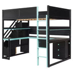 Lit mezzanine GDFStudio Scott en bois avec escalier de rangement, bureau, étagères et panneau perforé