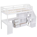 Lit mezzanine une place avec bureau en L, 3 tiroirs, placard, rangements intégrés dans l'escalier, en pin massif/MDF