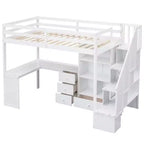 Lit mezzanine une place avec bureau en L, 3 tiroirs, placard, rangements intégrés dans l'escalier, en pin massif/MDF