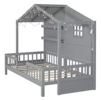 Lit cabane double avec étagères de rangement et barrières, cadre de lit Montessori en bois pour enfants avec fenêtre et bande lumineuse scintillante