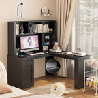 Bureau d'angle avec prise, Bureau d'ordinateur avec tiroirs, étagère et huche, Bureau d'angle moderne, Bureau à domicile