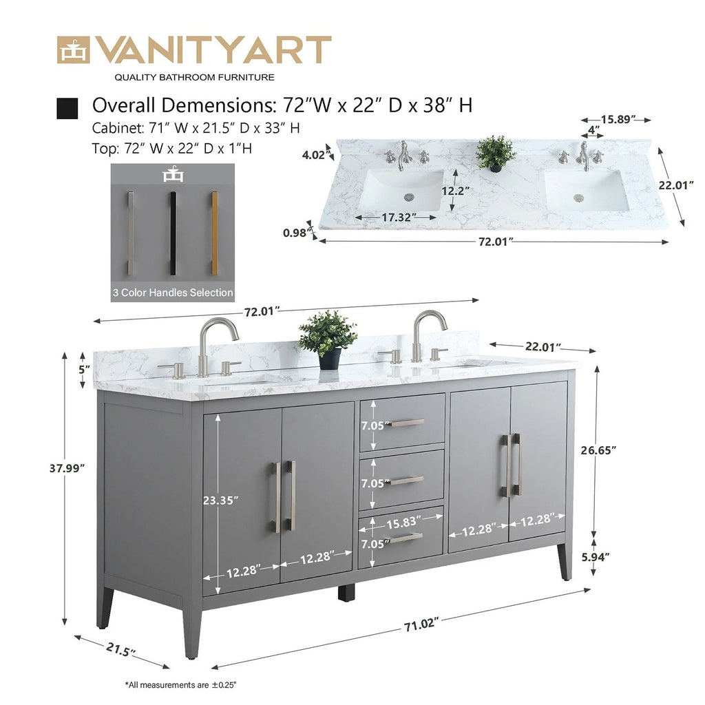 Meuble-lavabo de salle de bain Vanity Art 72 po à double vasque avec dessus en marbre reconstitué
