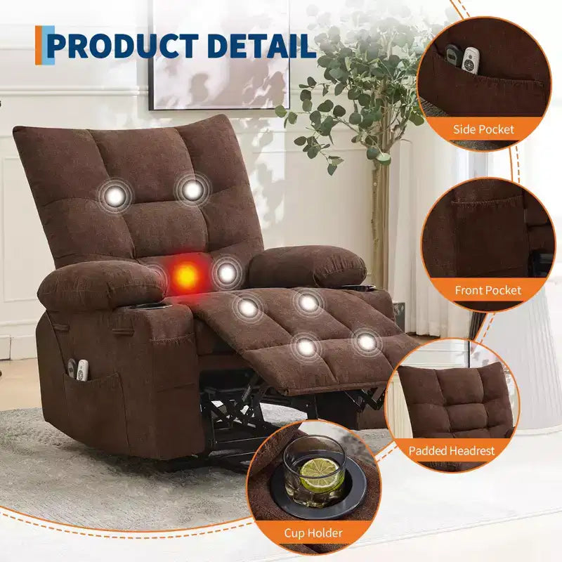 Fauteuil inclinable releveur électrique pour personnes âgées avec fonctions massage et chauffage, inclinable surdimensionné avec fonctions massage et chauffage, revêtement doux et rembourré, poche latérale et porte-gobelets