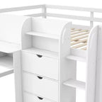 Lit mezzanine bas rose et blanc avec bureau, rangements et tableau blanc – Jumeau, 1 personne