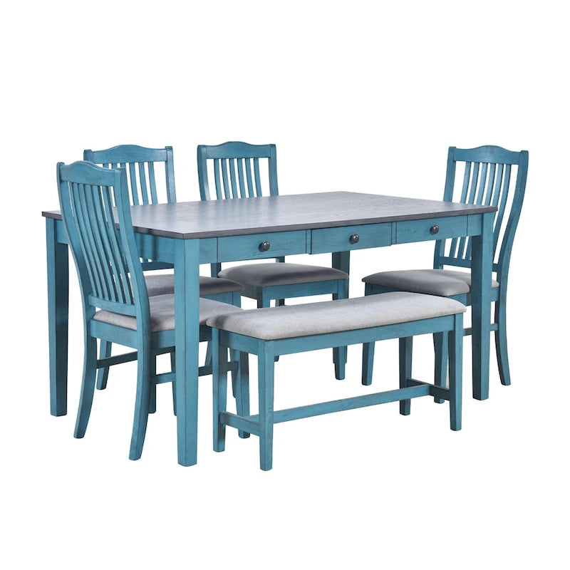Ensemble de salle à manger 6 pièces en bois avec 4 chaises et un banc, table avec tiroir