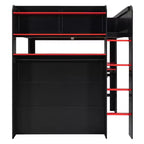 Lit mezzanine double Luxystar avec bureau réglable lumineux, armoire ouverte et bibliothèque