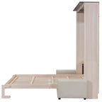 Lit escamotable Queen Size avec canapé, Lit escamotable Queen Size en bois avec éclairage LED, Lit escamotable pliant avec coffre pour chambre d'amis, Beige