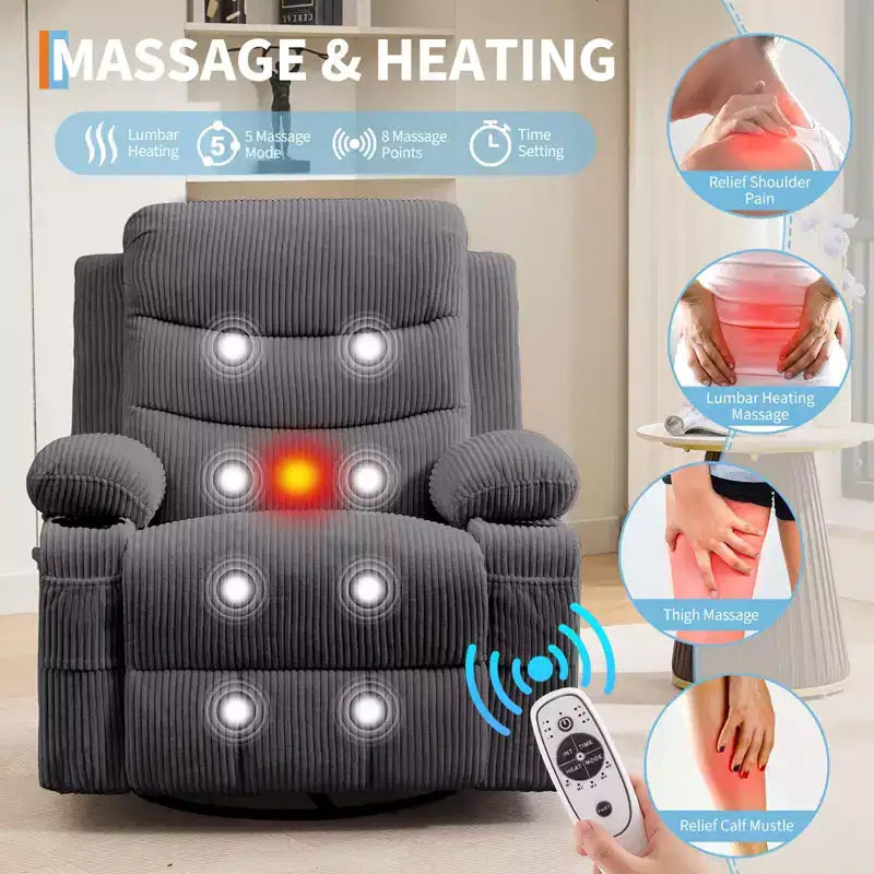 Fauteuil inclinable surdimensionné 360 pivotant et berçant avec massage et chaleur - Fauteuil de salon ergonomique avec porte-gobelets, poches latérales pour salon, chambre de bébé