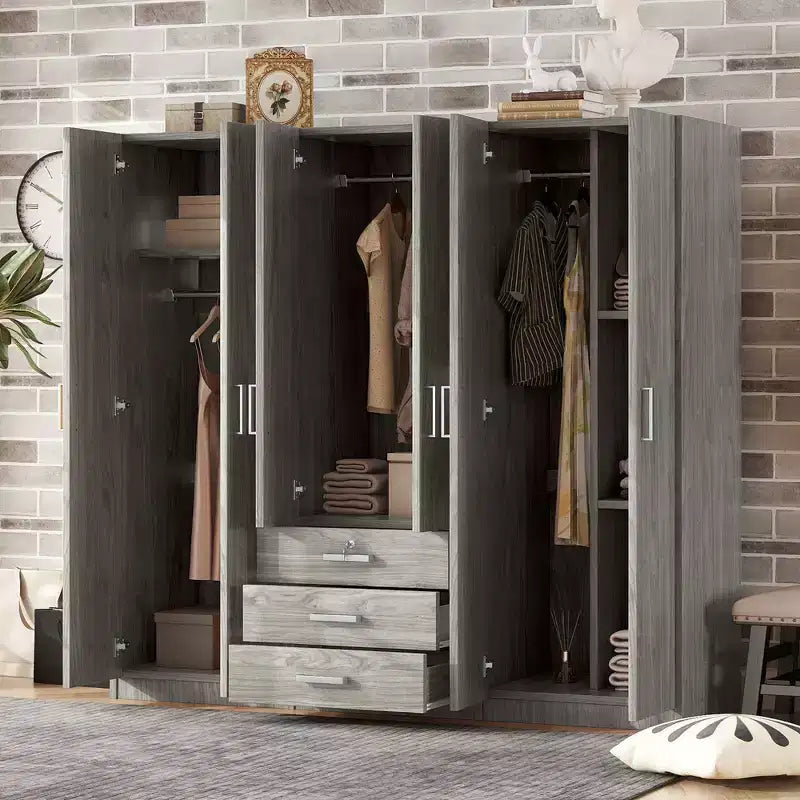 6-Door Wooden Wardrobe with Drawers for Bedroom