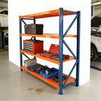 Étagères de garage robustes VIYET, rayonnage métallique réglable à 4 niveaux d'une capacité de 2000 kg, rangement industriel bleu et orange pour magasin/outils/salle de sport.
