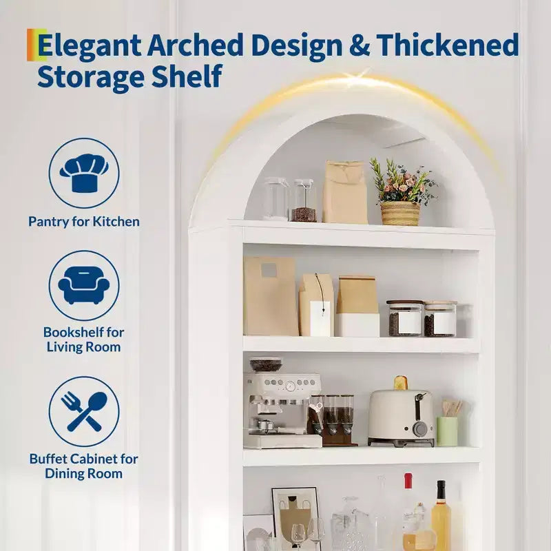 Bibliothèque arquée de 72 po avec tiroir de rangement, armoire de présentation moderne en bois à 6 niveaux avec étagères ouvertes et tiroir inférieur, porte d'armoire incurvée