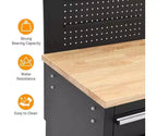 Servante d'atelier roulante et établi de garage 10 tiroirs de 155 cm avec multiprise, plateau en bois d'hévéa massif, capacité de charge de 760 kg, armoire de poste de travail mobile robuste