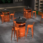 Tables de bar de rangement en fûts métalliques industriels noirs et orange