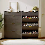 Meuble à chaussures moderne blanc avec 3 tiroirs basculants et 2 petits tiroirs et crochet, organiseur de rangement à chaussures fin cannelé, meuble d'entrée étroit