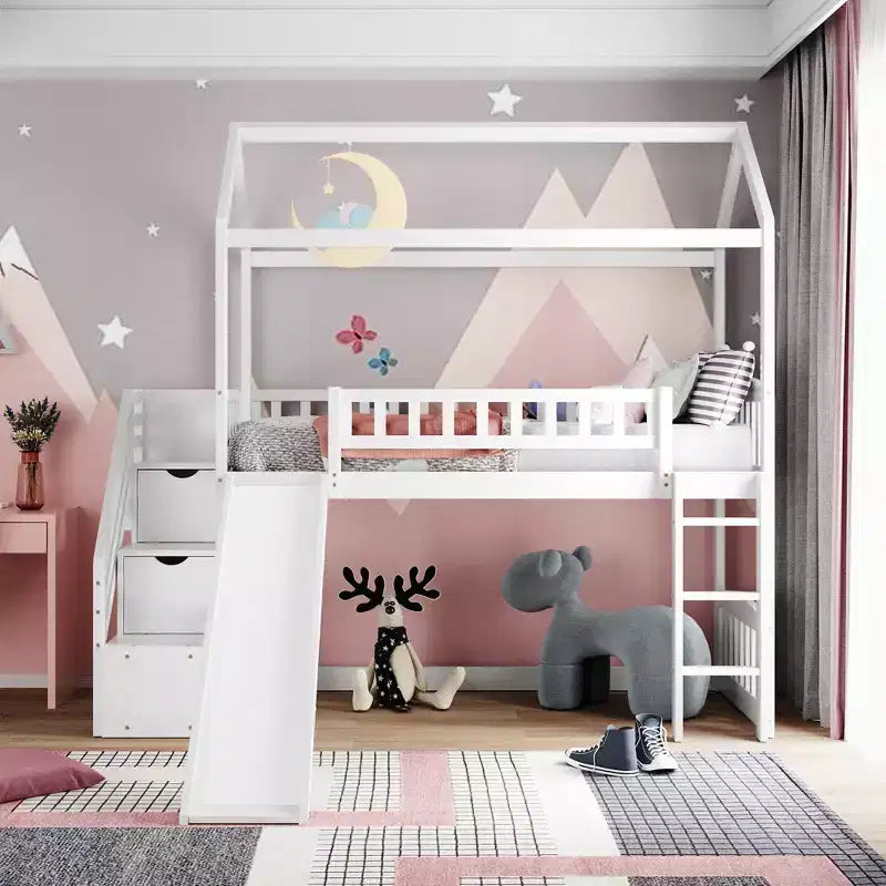 Lit mezzanine jumeau avec toboggan et escalier, lit mezzanine avec tiroirs de rangement, lit mezzanine cabane en bois pour enfants et tout-petits
