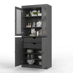 Meuble de rangement en bois massif avec portes en verre dépoli, portes pleines, 2 tiroirs et étagères réglables