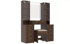Ensemble de vanité moderne JVNOXK de 43,5 pouces avec miroir et lumière, doté de tiroirs et d'une armoire en verre transparent, inclut un tabouret et une station de recharge, marron