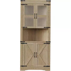 Meuble d'angle haut de 175 cm, Meuble de rangement d'angle style ferme, Rangement peu encombrant, Porte vitrée, Étagères réglables, pour Salon, Cuisine