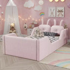 Lit plateforme double Whisen, cadre de lit rembourré pour enfants avec coussin lapin, barrières latérales amovibles