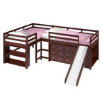 Ensemble de chambre mezzanine en L Double Twin avec toboggan, finition cappuccino foncé