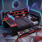 Lit de repos Gamer Hub avec bureau, lumières RGB, station de recharge, tiroirs de rangement et tête de lit bibliothèque