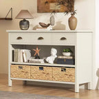 Console de table d'entrée avec rangement, table de couloir de style ferme avec 3 tiroirs et 3 paniers en jacinthe d'eau pour salon ou hall d'entrée - Panipeachy