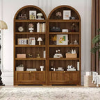Bibliothèque arquée de 72 po avec tiroir de rangement, armoire de présentation moderne en bois à 6 niveaux avec étagères ouvertes et tiroir inférieur, porte d'armoire incurvée