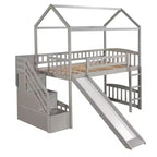 Lit mezzanine jumeau avec toboggan et escalier, lit mezzanine avec tiroirs de rangement, lit mezzanine cabane en bois pour enfants et tout-petits