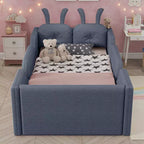 Lit plateforme double Whisen, cadre de lit rembourré pour enfants avec coussin lapin, barrières latérales amovibles