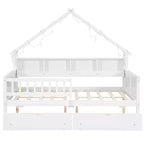 Cadre de lit maison pleine grandeur avec tiroirs, lit plate-forme maison avec lumières LED, étagères de rangement et tiroirs, lit de repos en bois avec toit et garde-corps