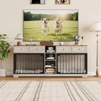 82 Meubles doubles pour cage de chien, grande niche d'intérieur pour 2 chiens, meuble TV en bois robuste avec 4 tiroirs et étagères