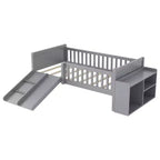 Lit superposé simple Whisen pour enfant avec toboggan, étagère de rangement mobile, balustrades, cadre de lit mezzanine bas