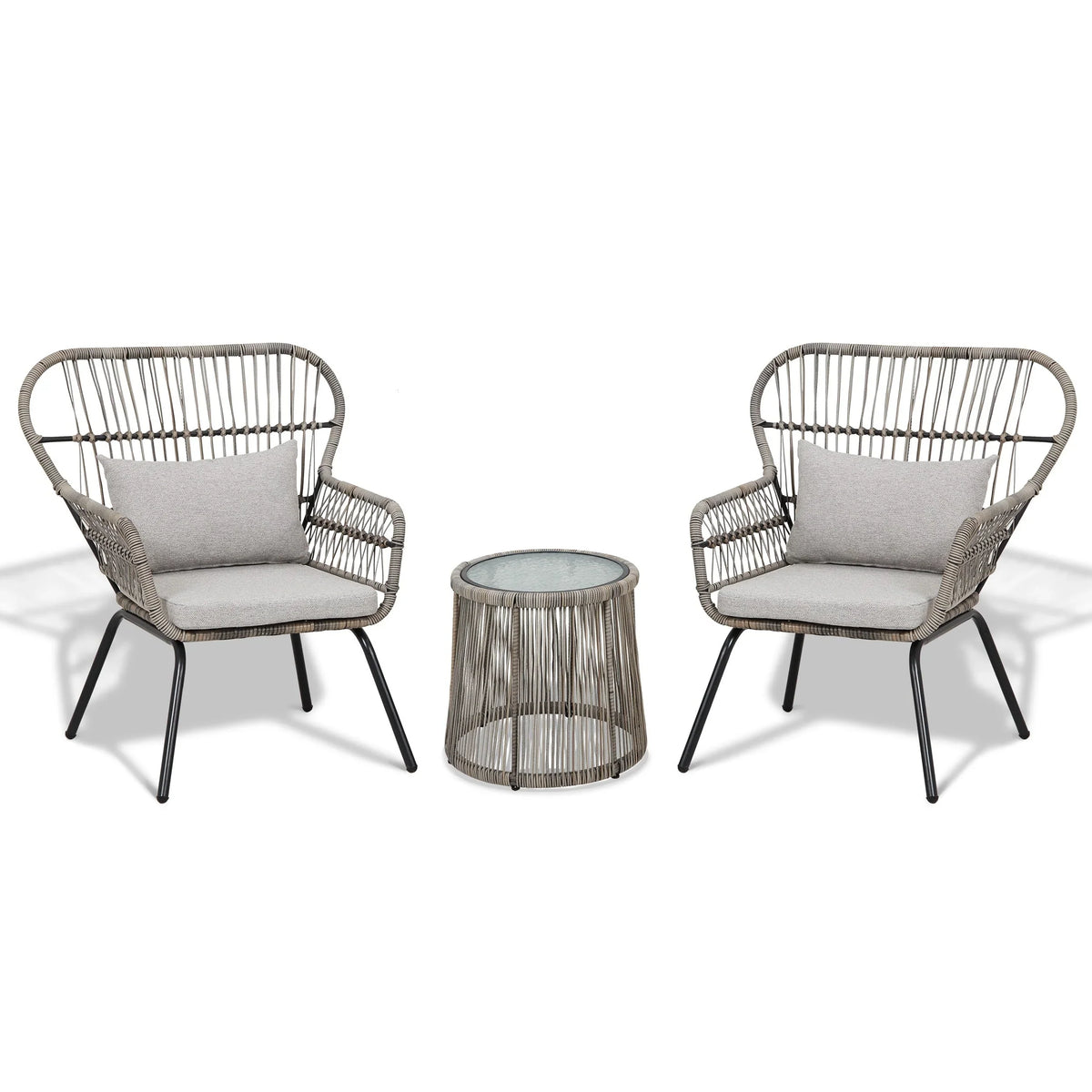 Ensemble bistrot 3 pièces en osier pour conversation, salon de jardin en rotin résistant aux intempéries avec coussins