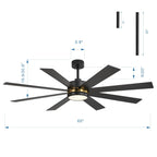 Ventilateur de plafond de 65 pouces à 8 pales noires avec lumière LED et télécommande