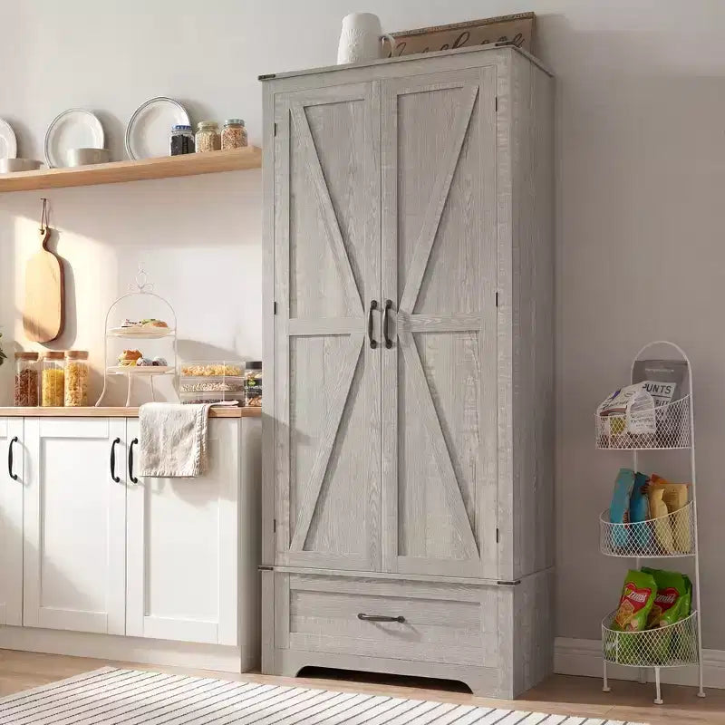 HOMCOM 72 Farmhouse Pantry Cabinet with Barn Doors, Tall Kitchen Pantry Storage Cabinet with Adjustable Shelves and Drawer